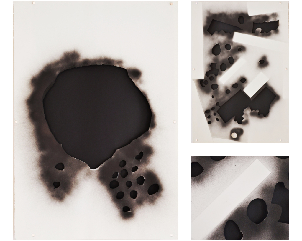 (DESTRA) Amanda Beech, Cause and Effect Series 3 Holes: Self Conception does not equal Self Transformation, 2019 - Paper, spray paint, craft paper, wood, 111 x 77 x 2 cm / 
