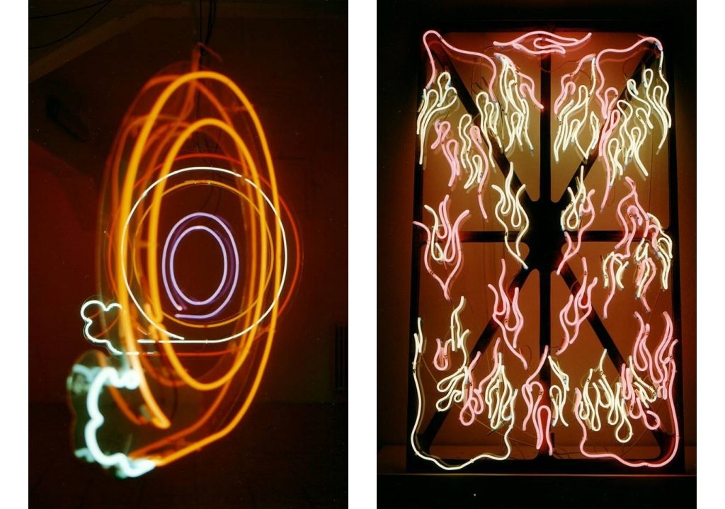 Blair Thurman, Saga of the rings, 1999 - Neon, plexiglass / Blair Thurman, Prosciutto di Parma, 2003 - Neon, plexiglass, acetato, trasformatori